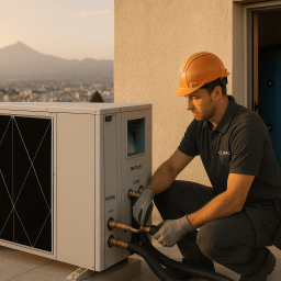 Técnico instalando equipo compacto de aire‑agua en cubierta en Tenerife