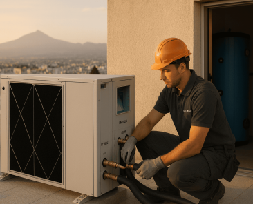 Técnico instalando equipo compacto de aire‑agua en cubierta en Tenerife