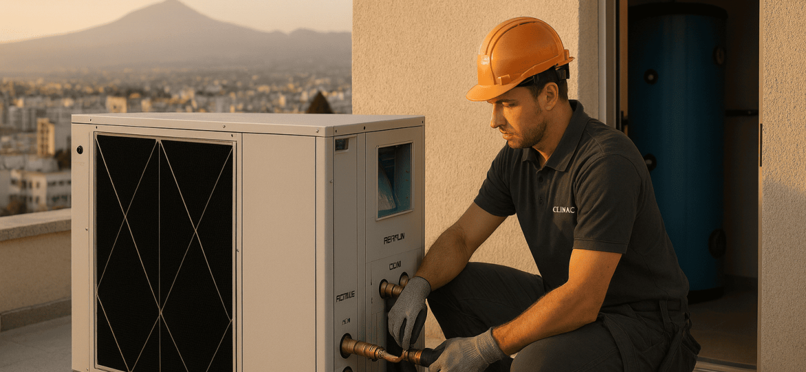 Técnico instalando equipo compacto de aire‑agua en cubierta en Tenerife
