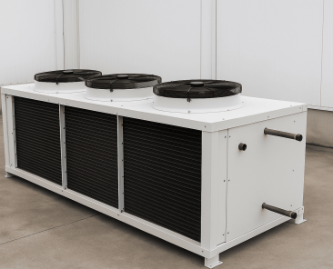 Aeroenfriador de condensación industrial instalado en central de cámaras frigoríficas en Tenerife, sistema de refrigeración de CLIMAC.es
