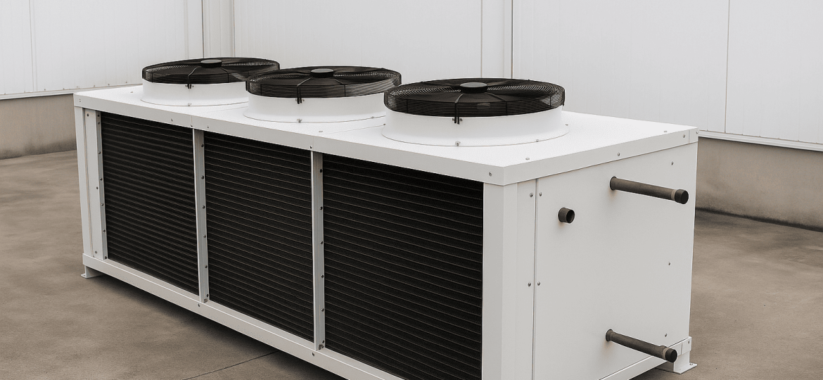 Aeroenfriador de condensación industrial instalado en central de cámaras frigoríficas en Tenerife, sistema de refrigeración de CLIMAC.es
