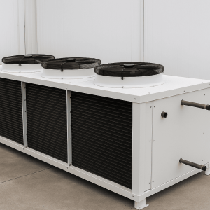 Aeroenfriador de condensación industrial instalado en central de cámaras frigoríficas en Tenerife, sistema de refrigeración de CLIMAC.es